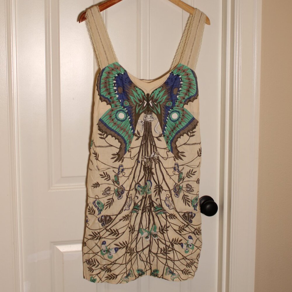 Free People Cream Mini Dress with Teal & Navy Butterfly Print